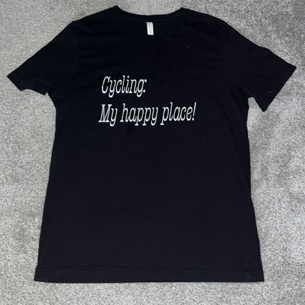 Cycling Is My Happy Place bike riding touring men’s black T shirt L